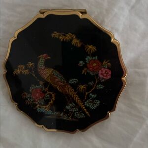 Stratton Gold-Trim Black Compact Mirror with Colorful Bird Motif